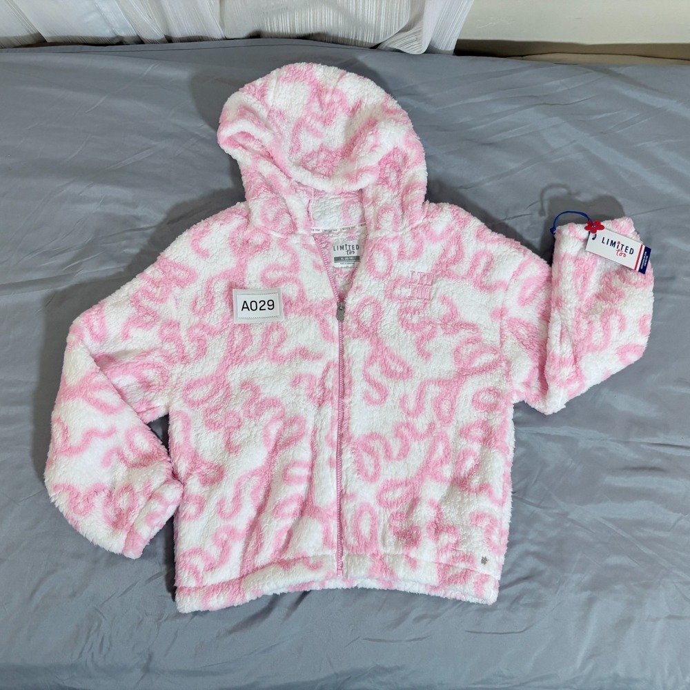 Limited Too Sherpa Fleece Zip Hoodie Girls Pink White XL 16 18 Ribbon Print NWT